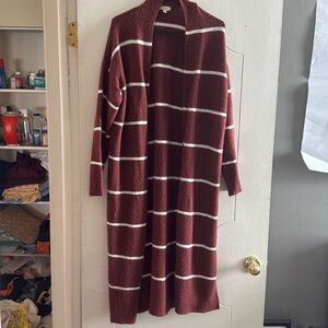 Women’s Long Burgundy/Maroon & White Striped Cardigan Sz med.